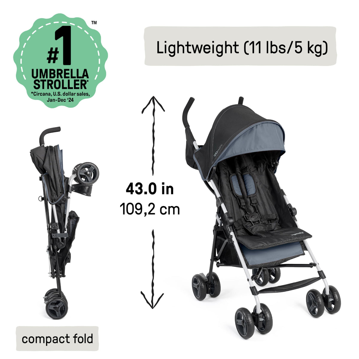 Lightweight Compact Fold Stroller with Canopy and Recline, Slate Grey F4672