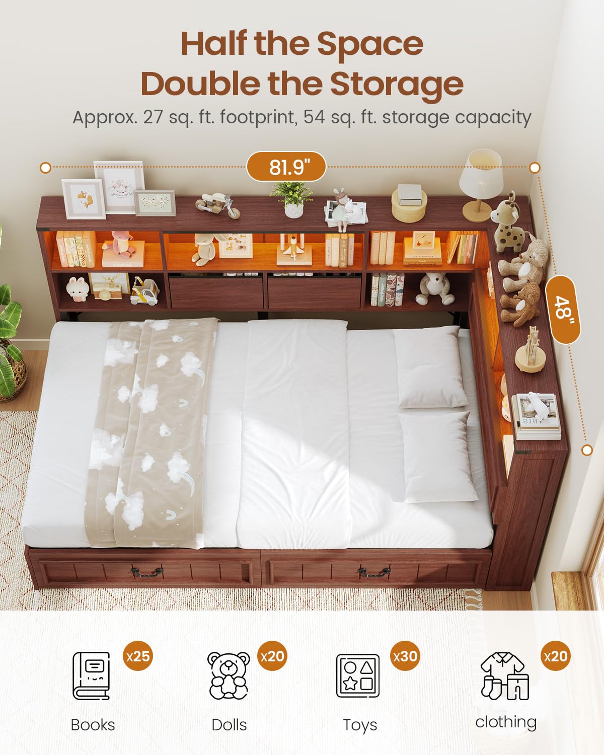 Twin Corner Bed Frame with Storage Drawers and Bookcase Y5513