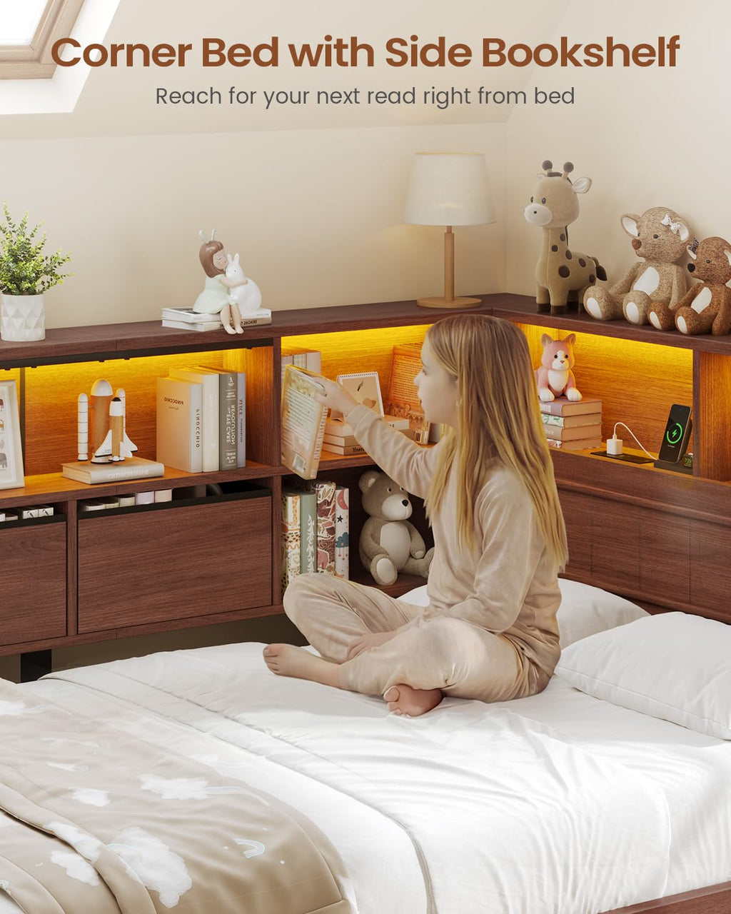 Twin Corner Bed Frame with Storage Drawers and Bookcase Y5513