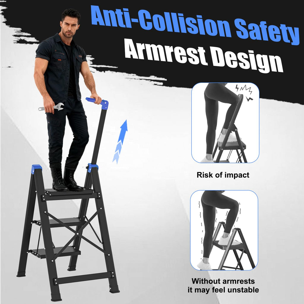 3 Step Foldable Stool with Single-Handrail Blue J479