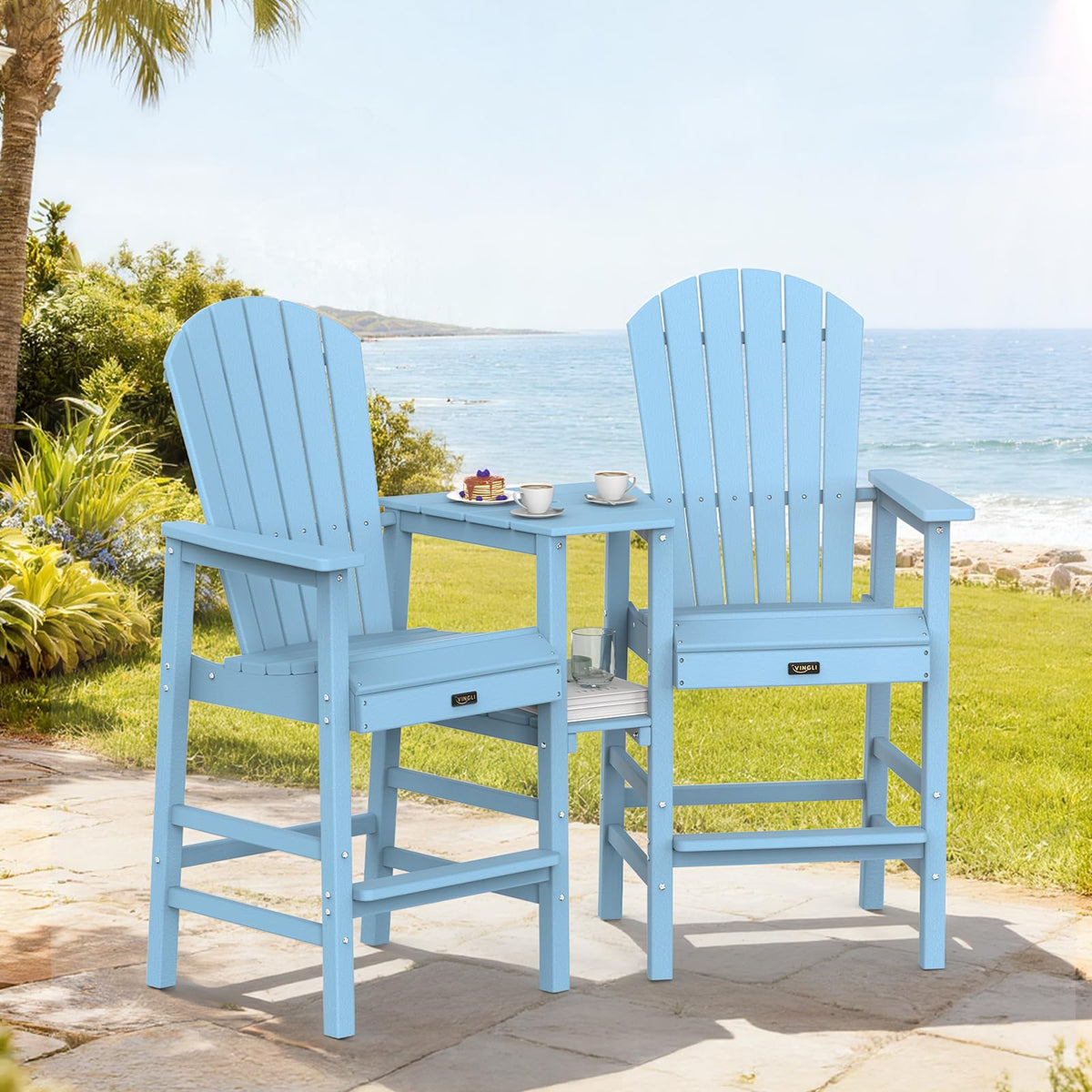 Blue Set of 2 Tall Adirondack Chairs with Dual Trays C569199