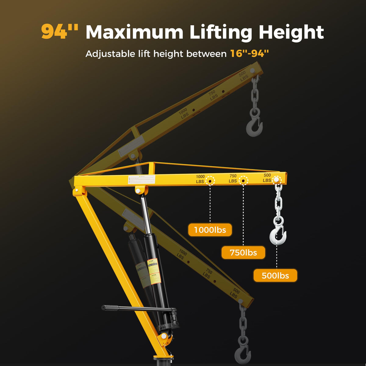 Truck Crane 1000 lb Hydraulic 360 Swivel Yellow G632655