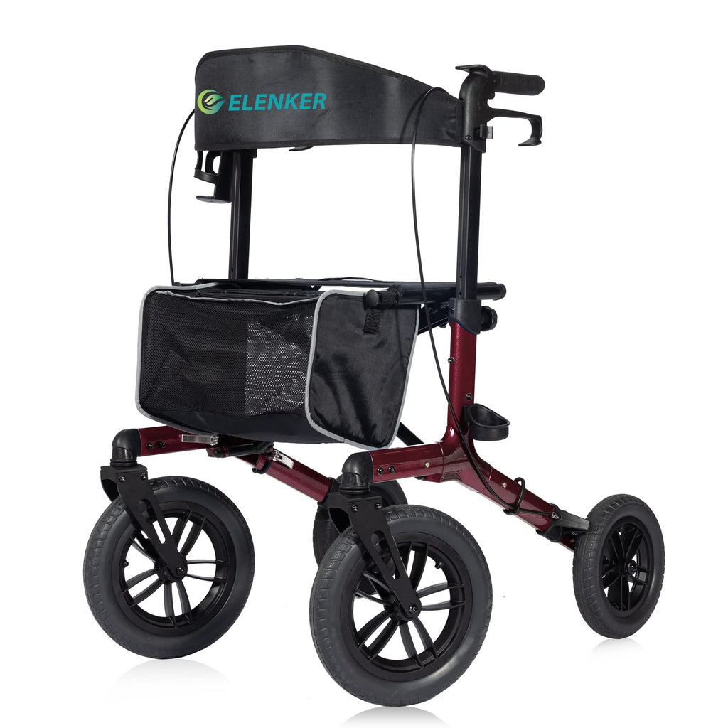 All-Terrain Rollator Walker with 12” Front Wheels, Compact Folding, Red M290