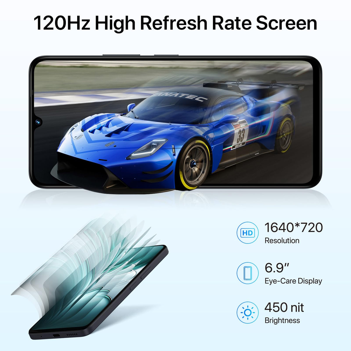 Android 14 6.9" HD+ 120Hz Octa-core 16GB +256GB 6000mAh 50MP Triple Camera Dual 4G LTE NFC Black Smartphone L45411
