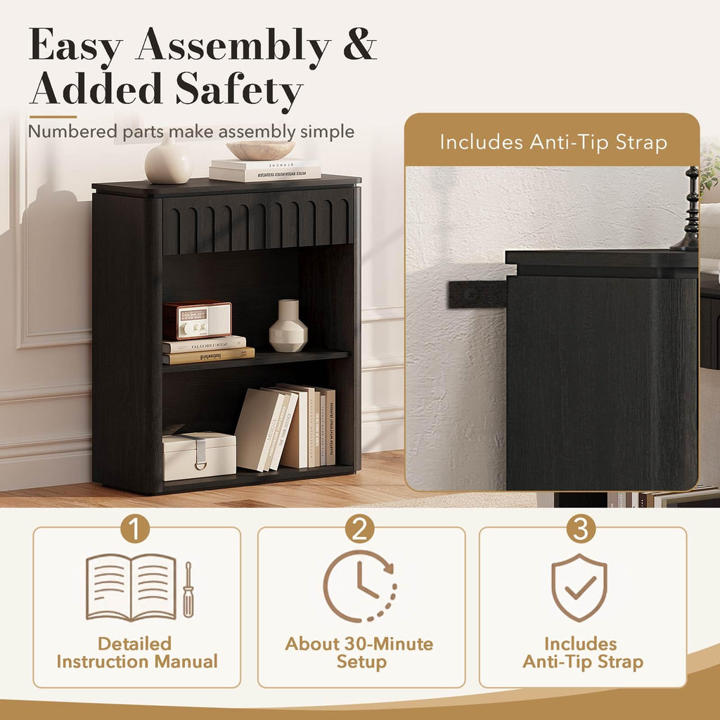 Black Wood Grain Console Table and 3 Tier Bookshelf Set H2692