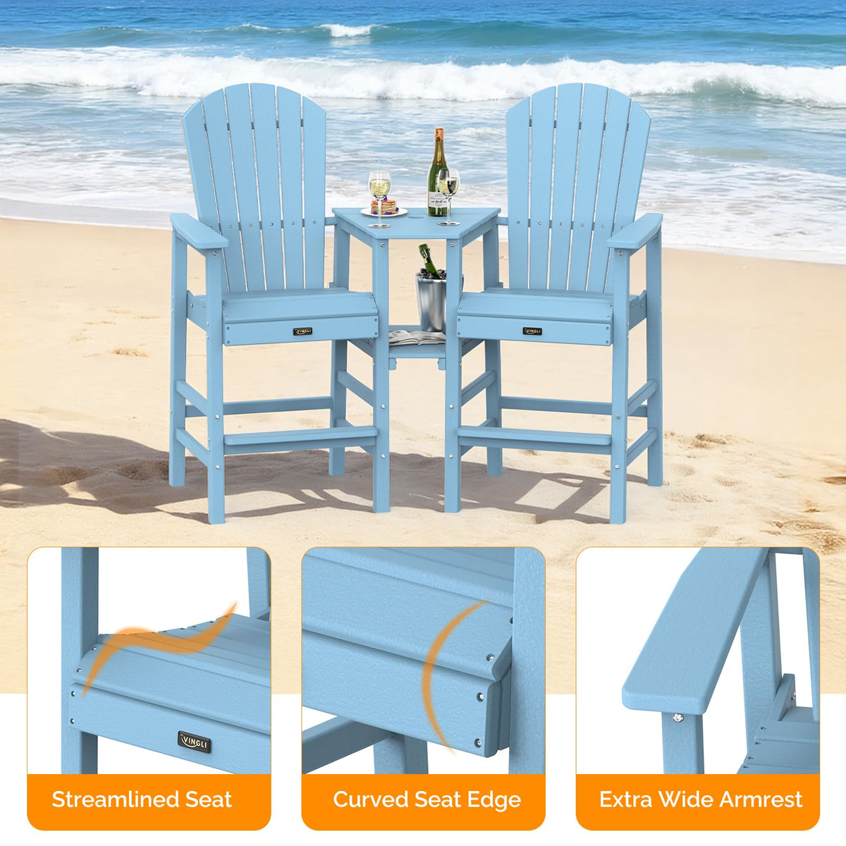 Blue Set of 2 Tall Adirondack Chairs with Dual Trays C569199