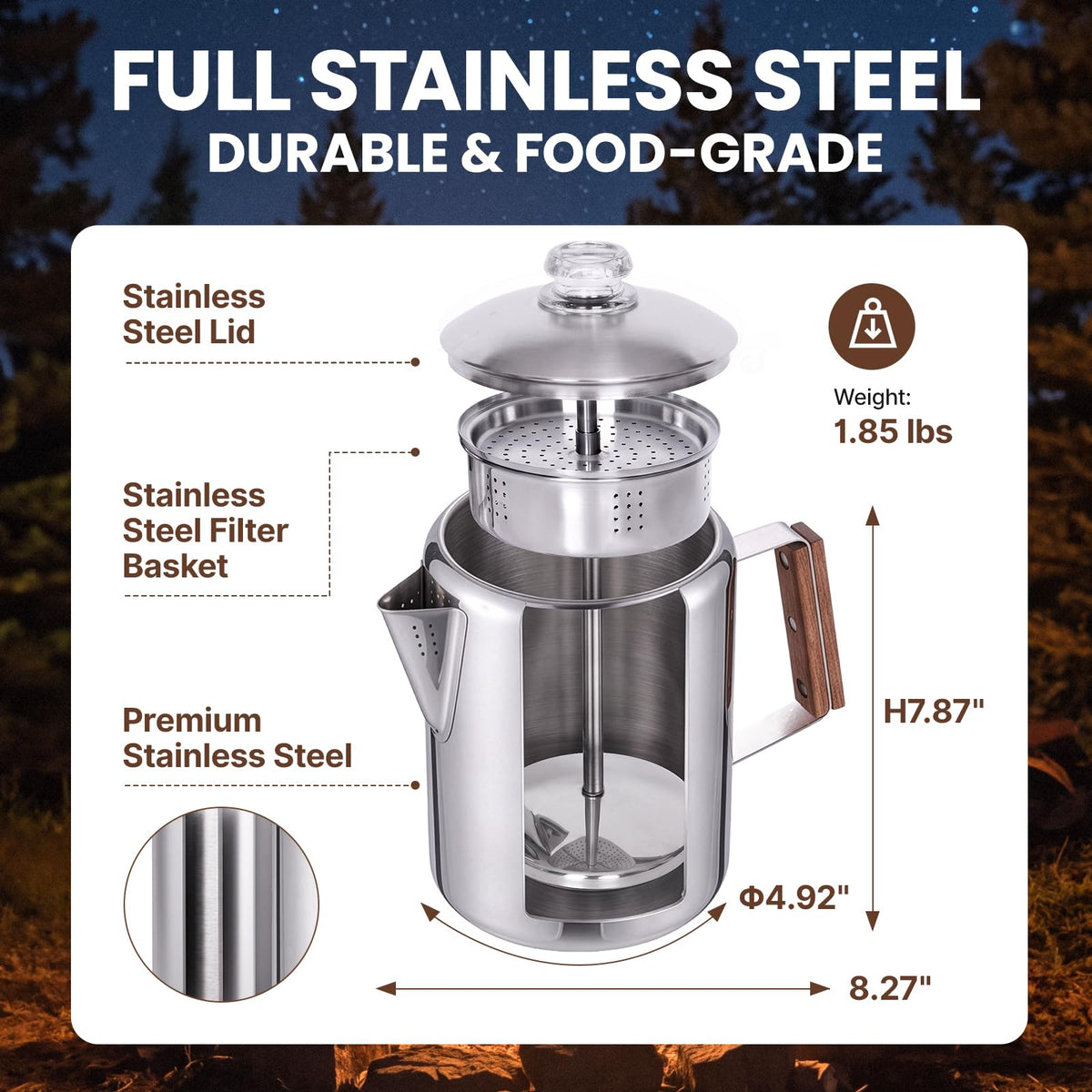 9 Cup Stainless Steel Coffee Pot with Wood Handle O7227