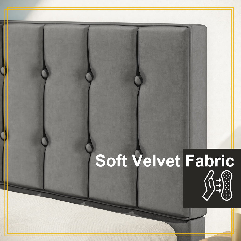 Grey Velvet Upholstered Twin Platform Bed Frame with Headboard R2296