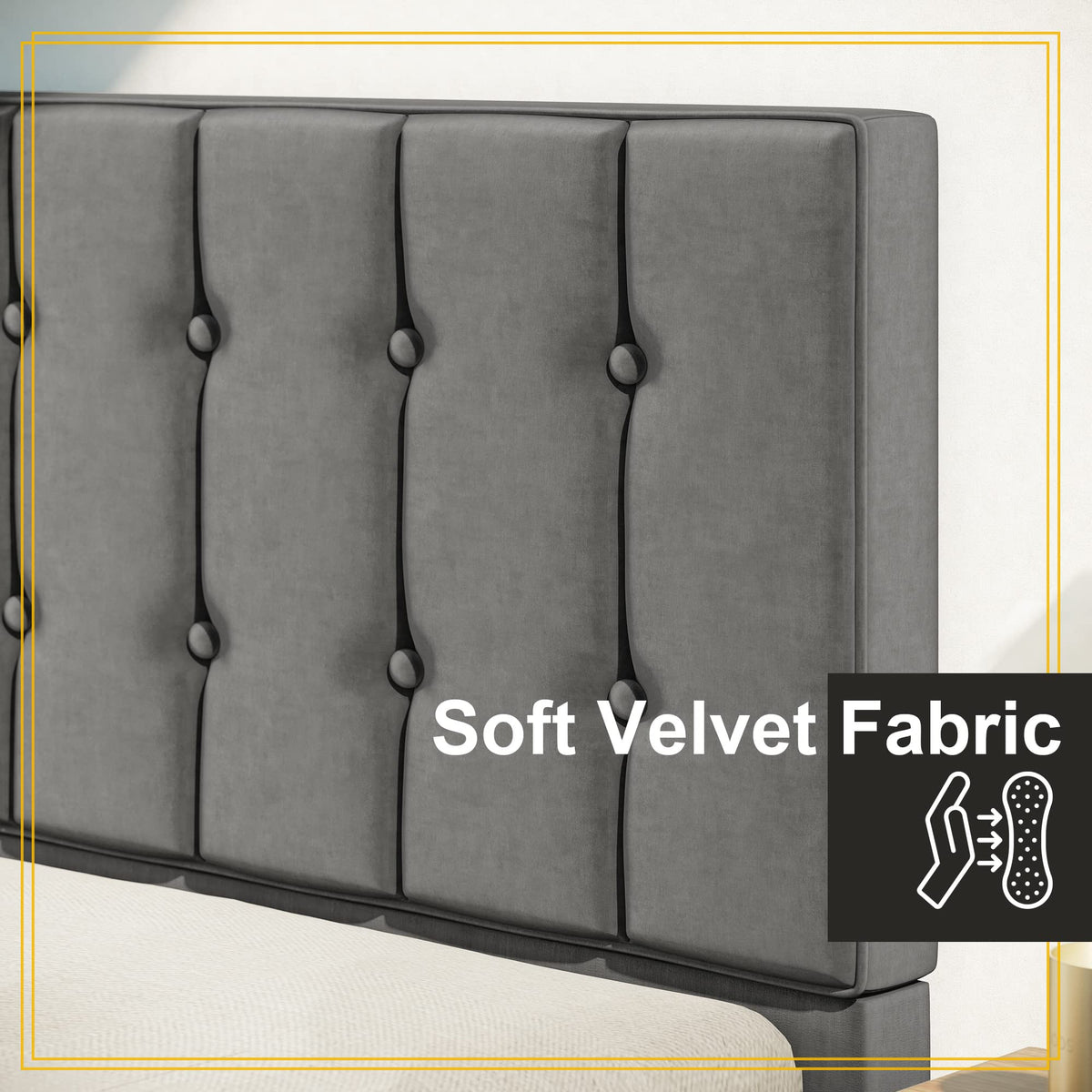 Grey Velvet Upholstered Twin Platform Bed Frame with Headboard R2296