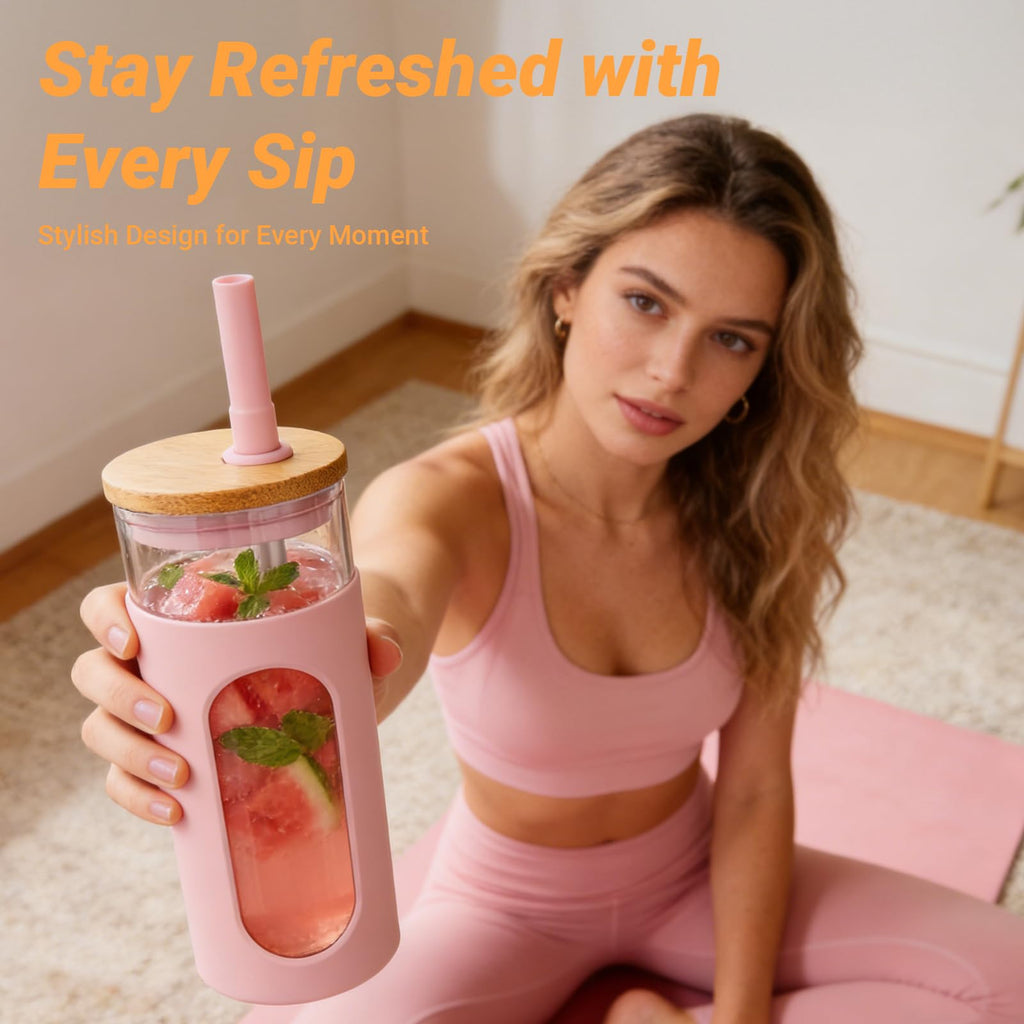 22 oz Glass Tumbler with Lid & Straw N1378