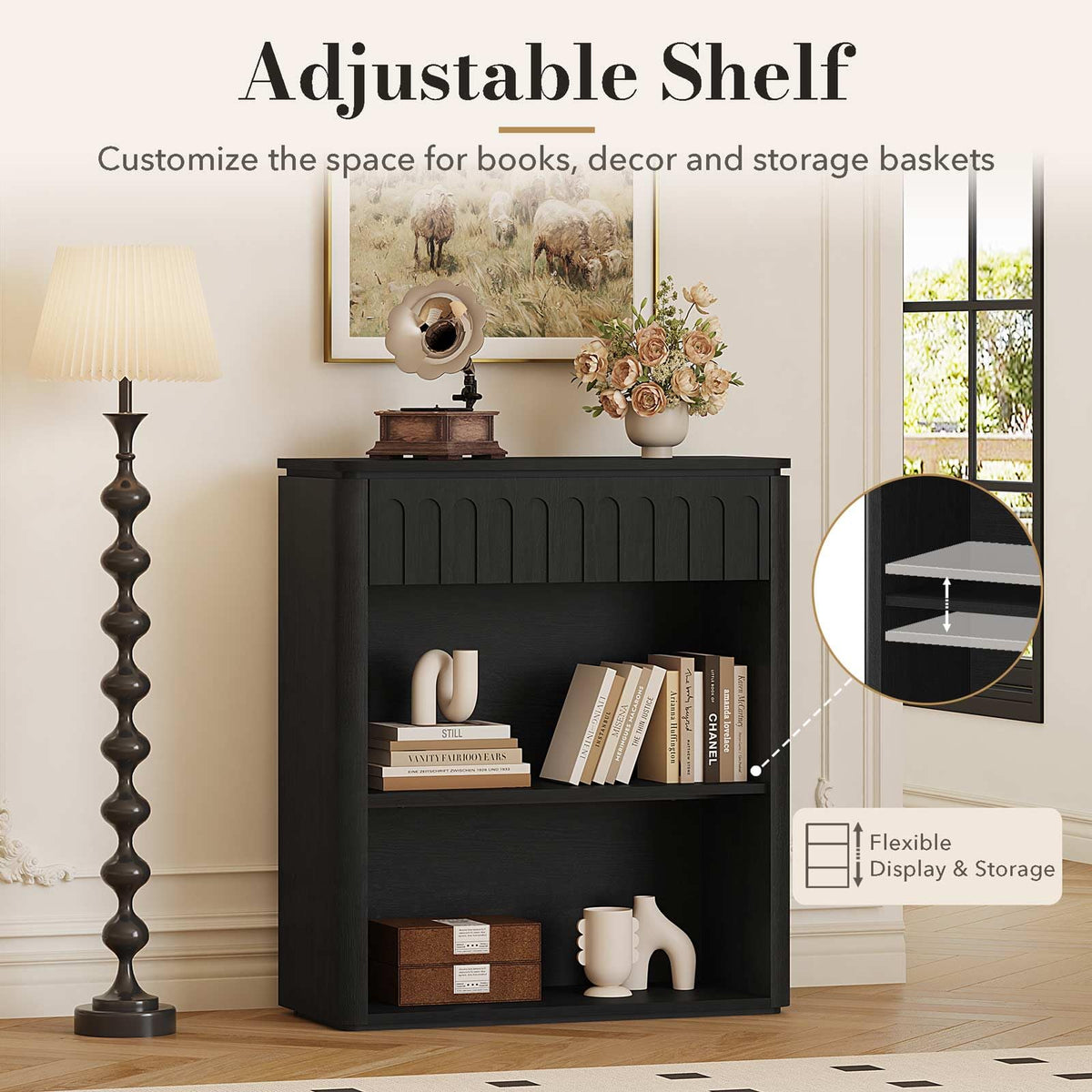 Black Wood Grain Console Table and 3 Tier Bookshelf Set H2692