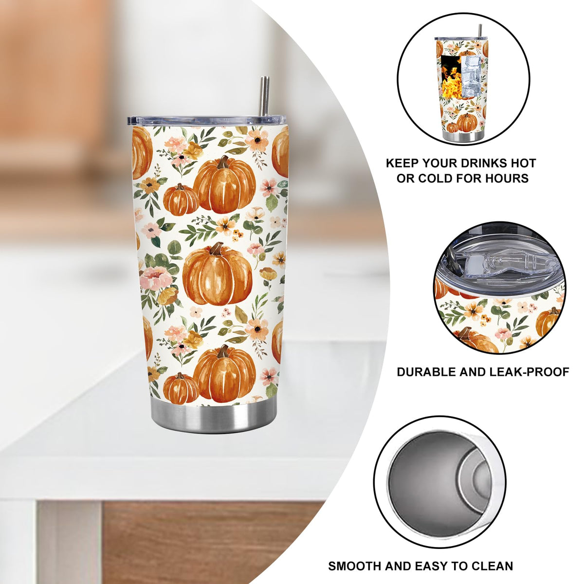 20 Oz Floral Pumpkin Tumbler with Lid Straw T7951