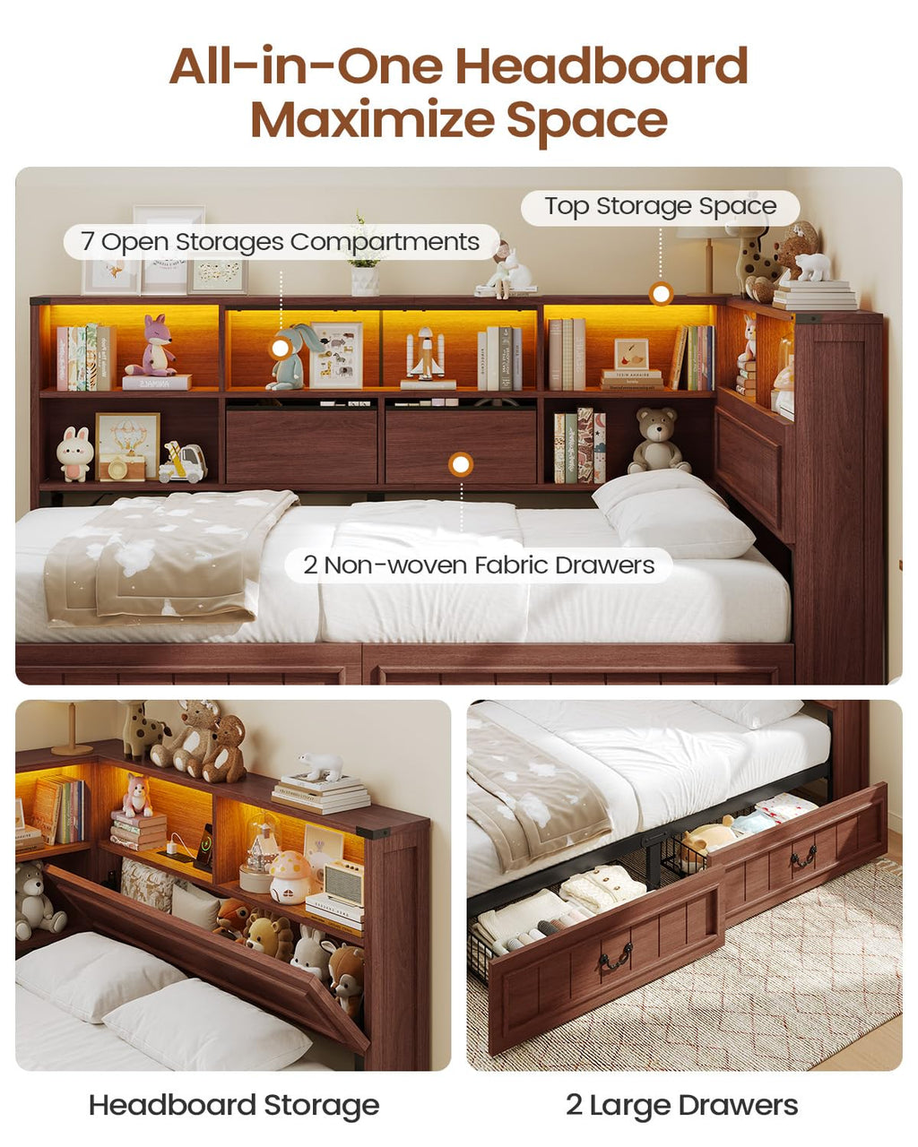 Twin Corner Bed Frame with Storage Drawers and Bookcase Y5513