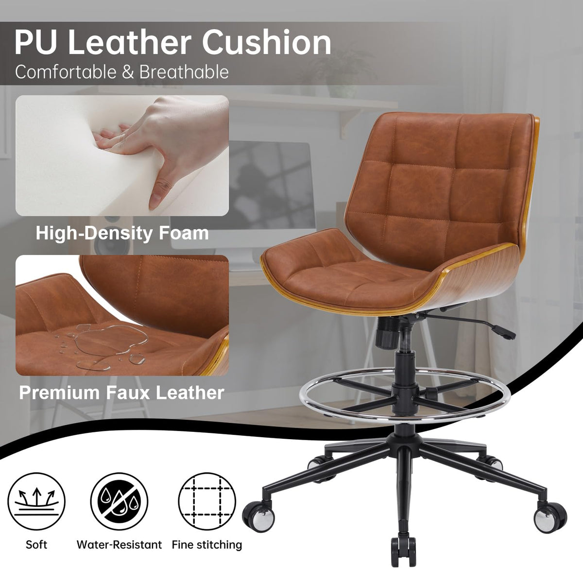 Brown Ergonomic Drafting Office Chair with Adjustable Height and Footrest Ring C4291
