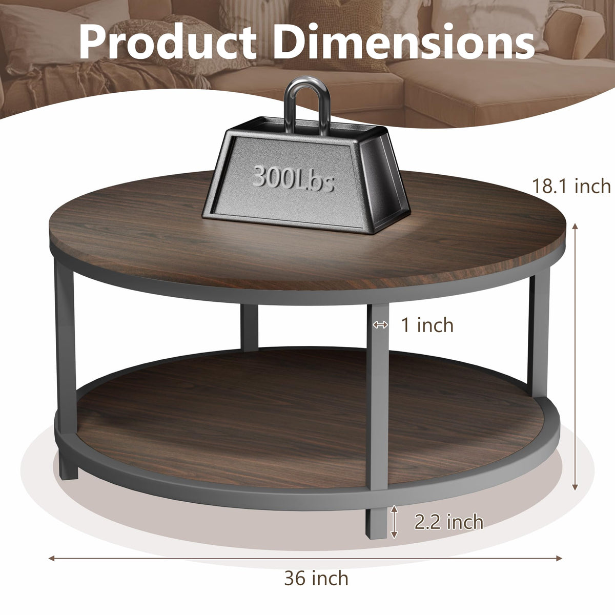 36" Round 2-Tier Coffee Table with Storage Shelf, Black Walnut Y44867