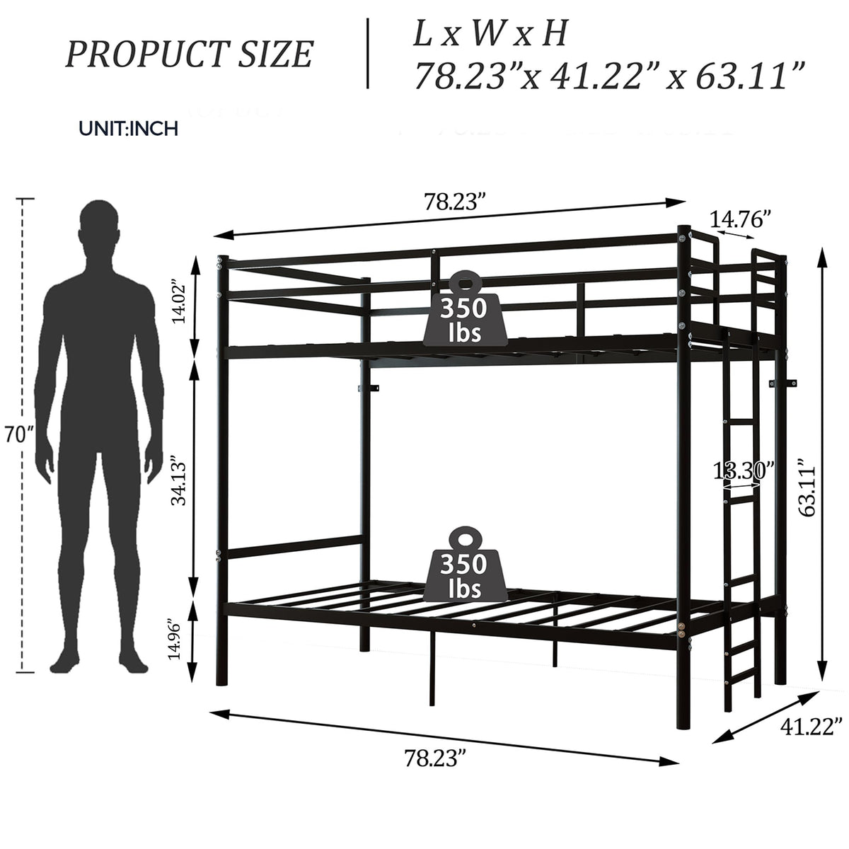 Twin Over Twin Bunk Bed with Ladder, Black Q11154