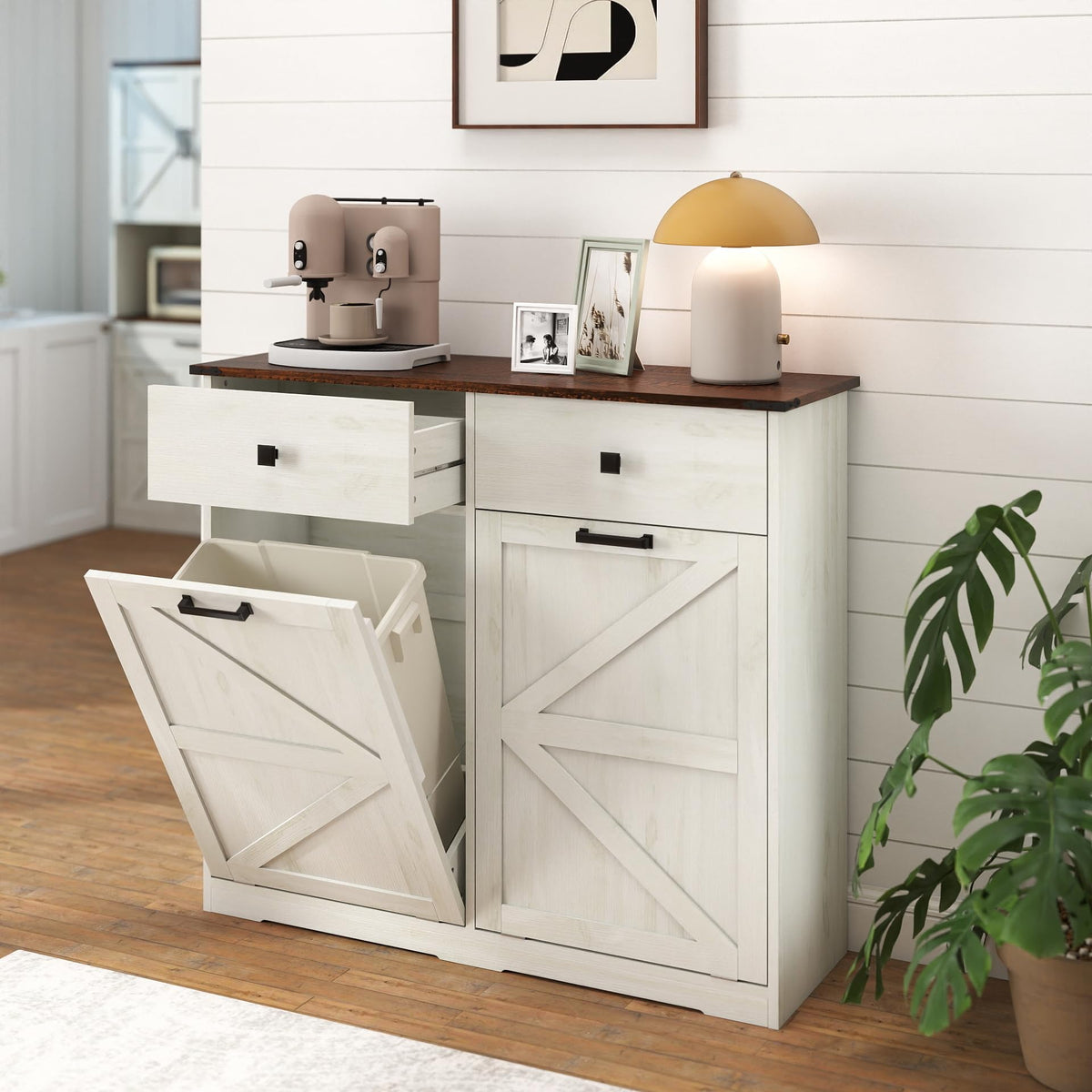 White 20 Gallon Wooden Tilt Out Trash Cabinet C27275