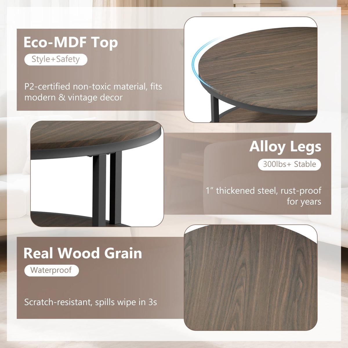 36" Round 2-Tier Coffee Table with Storage Shelf, Black Walnut Y44867