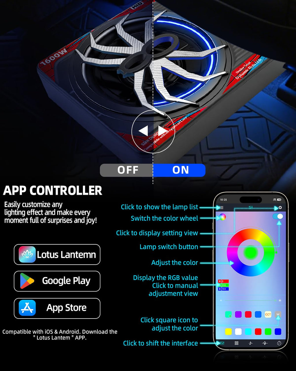1600W Slim Underseat Car Subwoofer and Amp with RGB Light V15611