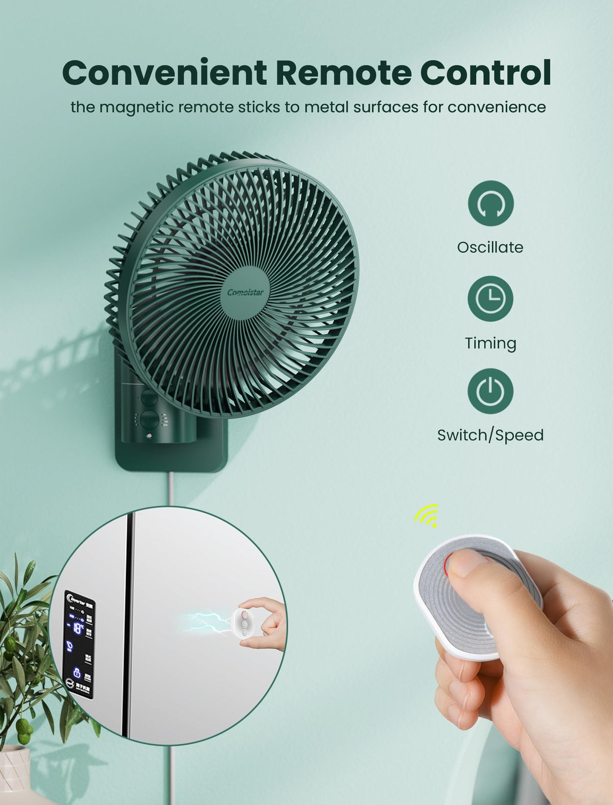 Wall Mounted Oscillating Fan with Remote and Timer, 8.5 Inch 4 Speeds C741