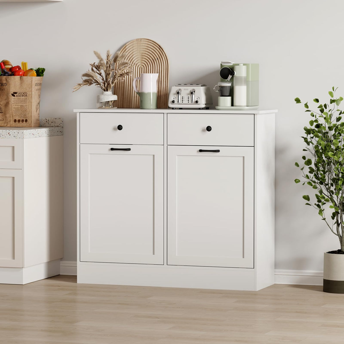 White 20-Gallon Wooden Tilt-Out Trash Can Cabinet L7765