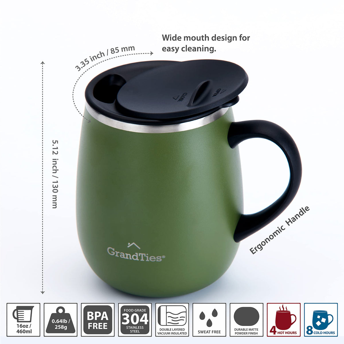 16 oz Insulated Stainless Steel Coffee Mug 2-Pack with Handle & Sliding Lid S232