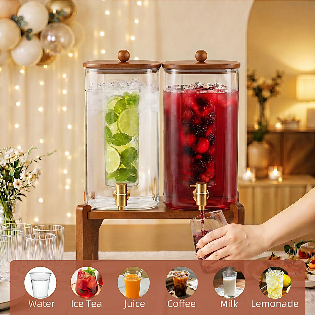 2 Pcs 1.5 Gallon Square Glass Drink Dispenser with Wooden Stand and Stainless Steel Spigot M383