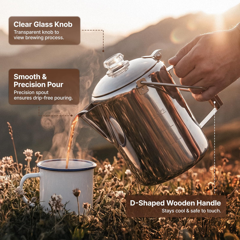 9 Cup Stainless Steel Coffee Pot with Wood Handle O7227