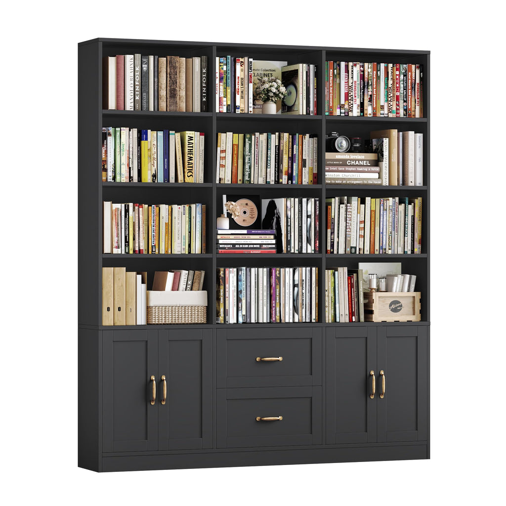 Black Tall Bookshelf with Storage Drawers & Doors U4794