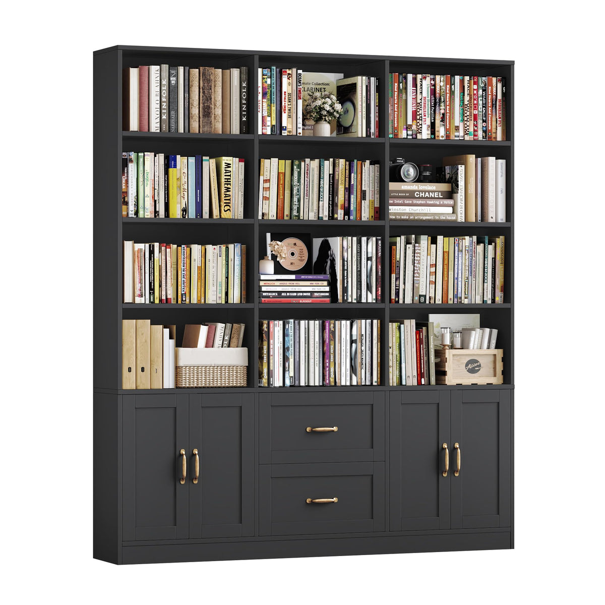 Black Tall Bookshelf with Storage Drawers & Doors U4794