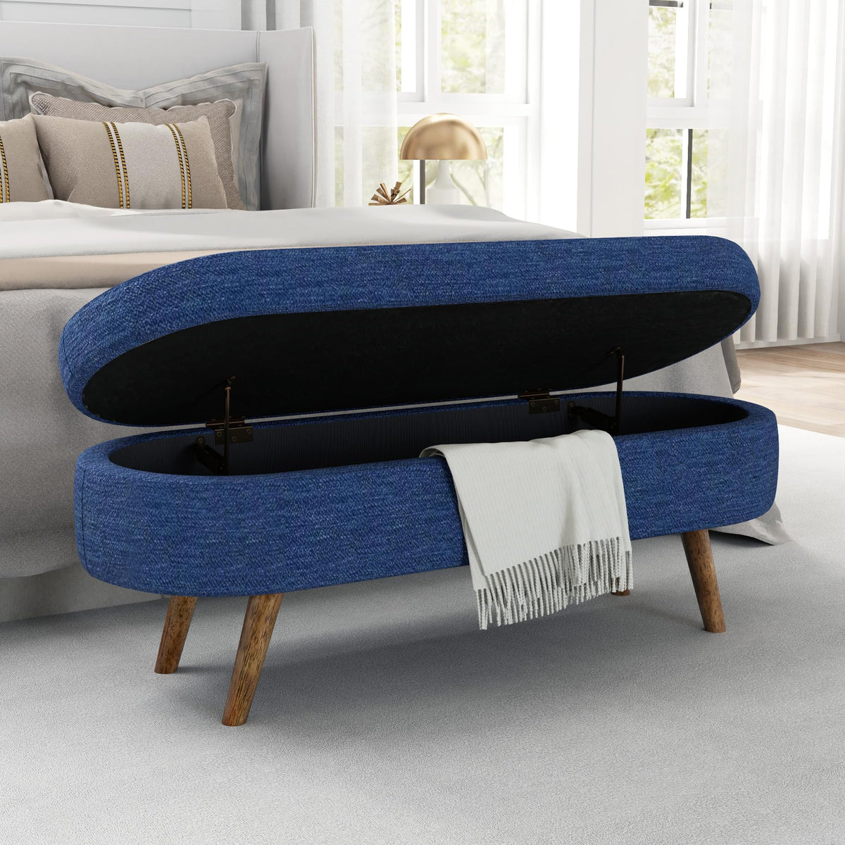 Oval Storage Bench with Rubber Wood Legs, Blue R90962