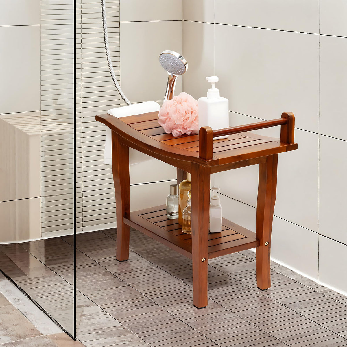 Teak Shower Bench with Shelf R7811