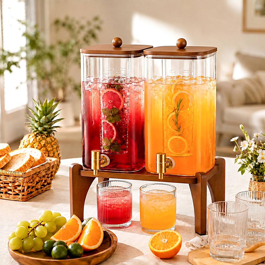 2 Pcs 1.5 Gallon Square Glass Drink Dispenser with Wooden Stand and Stainless Steel Spigot M383