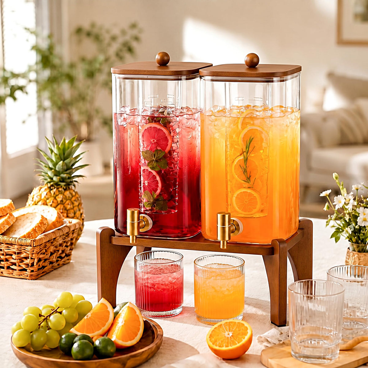 2 Pcs 1.5 Gallon Square Glass Drink Dispenser with Wooden Stand and Stainless Steel Spigot M383