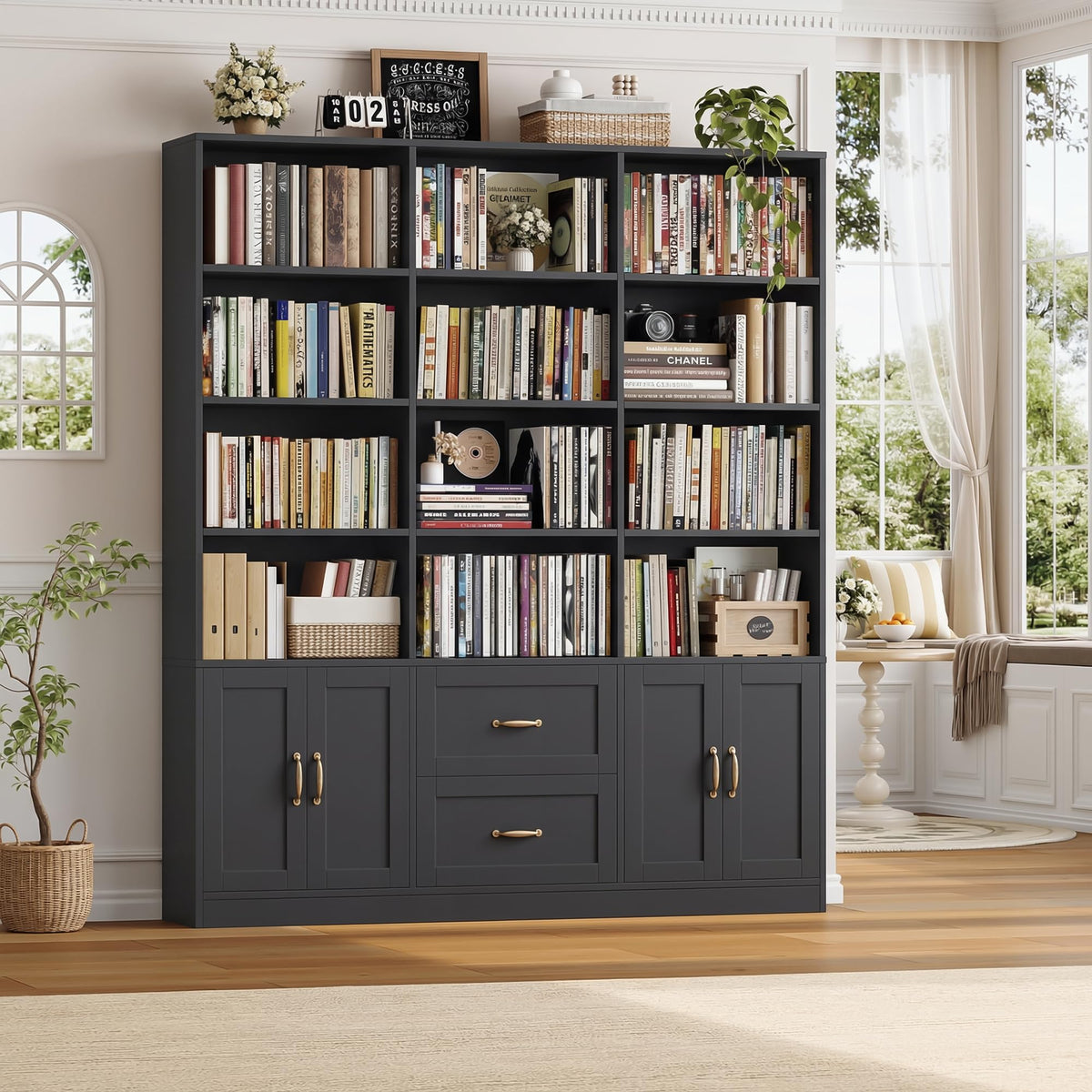 Black Tall Bookshelf with Storage Drawers & Doors U4794