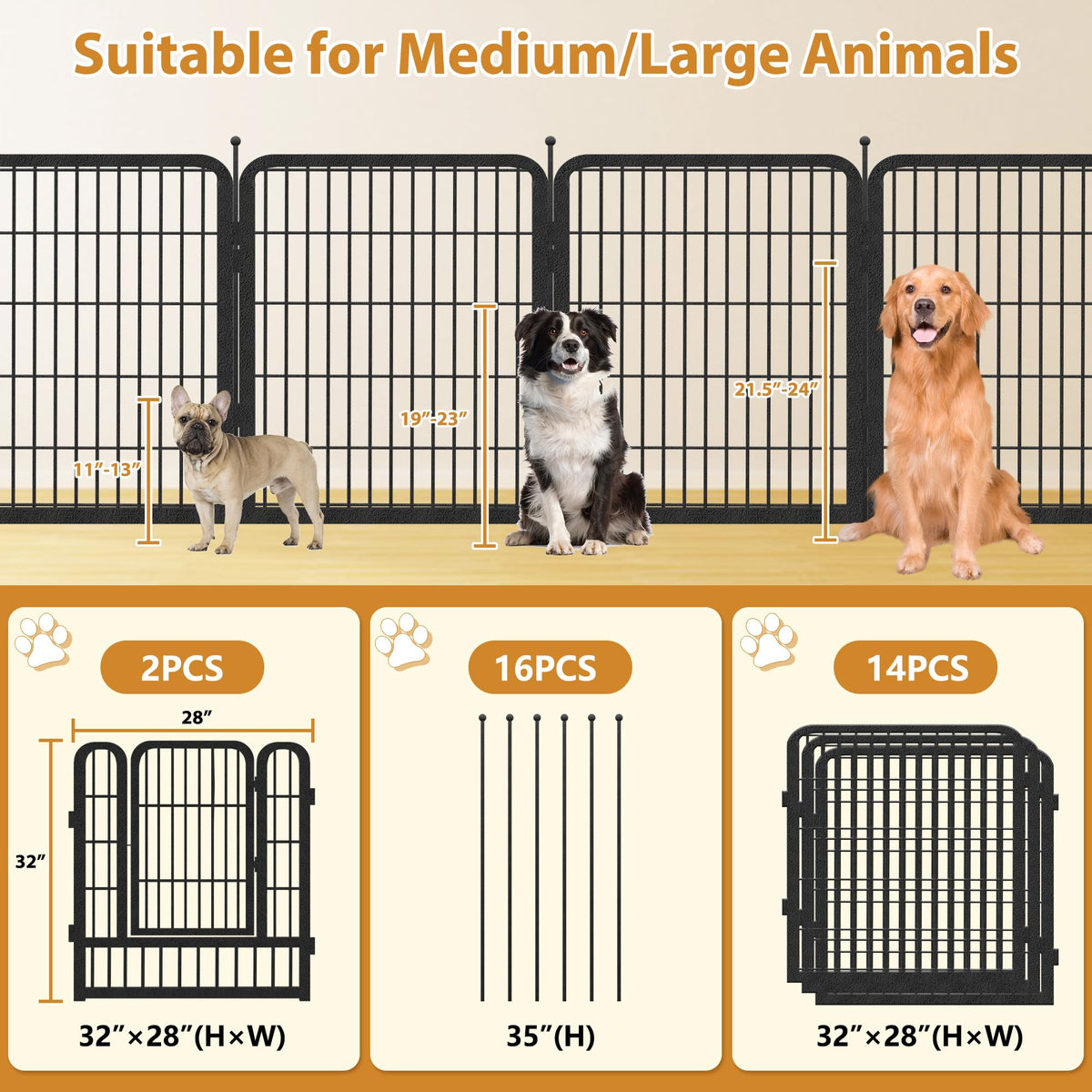 16 Panels Heavy Duty Foldable Metal Dog Playpen W6232