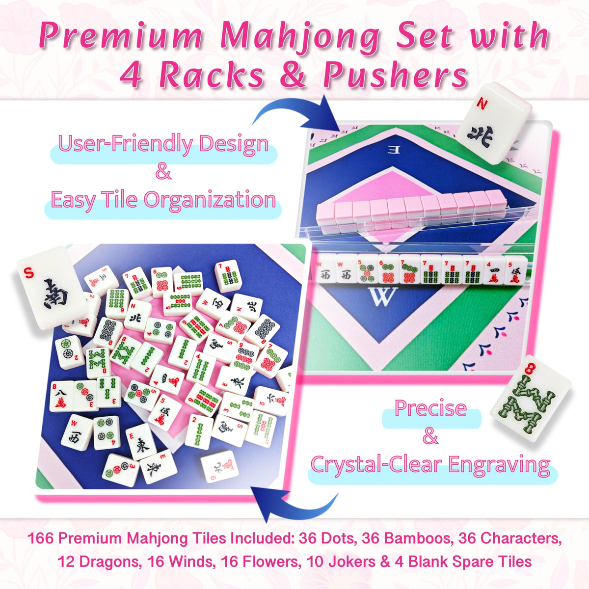 Pink Mahjong Game Set with 166 Tiles, Mat, 4 Racks and Bag X775308