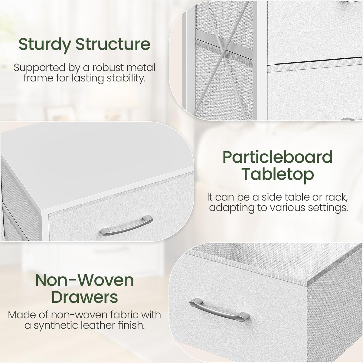 White 3 Drawer Fabric Storage Dresser with Wooden Top P5317