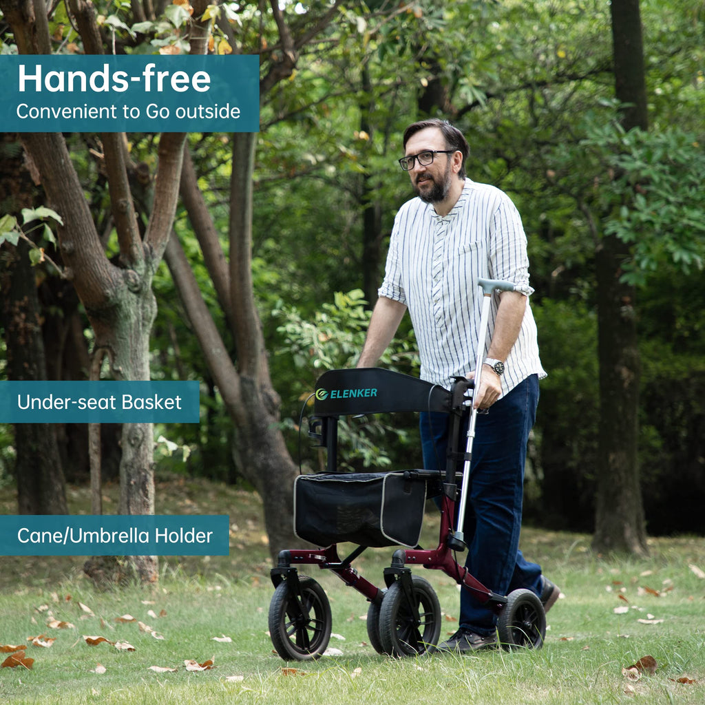 All-Terrain Rollator Walker with 12” Front Wheels, Compact Folding, Red M290