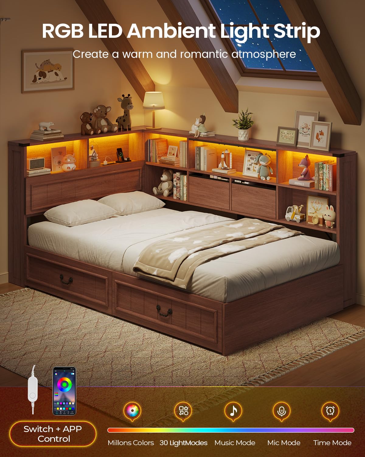 Twin Corner Bed Frame with Storage Drawers and Bookcase Y5513
