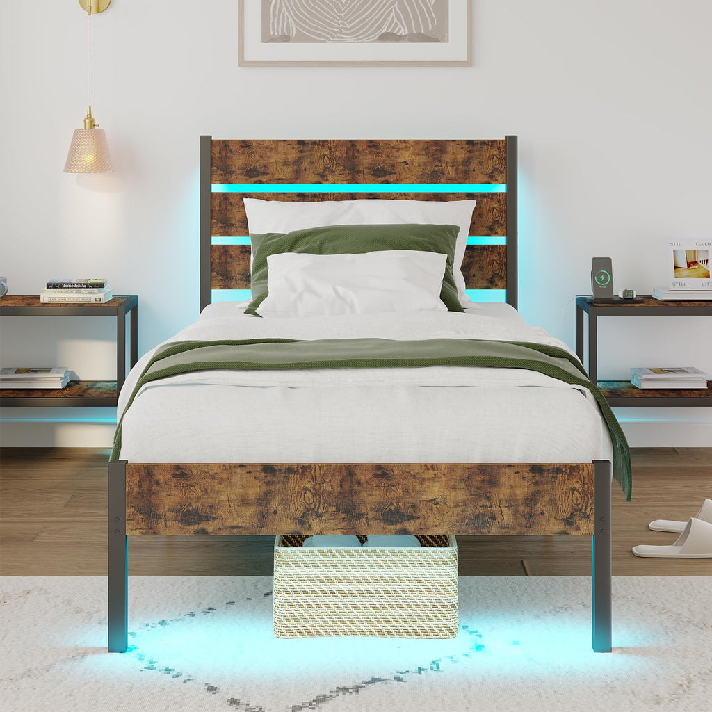 Twin Size Bed Frame with LED Light & Charging Station H213