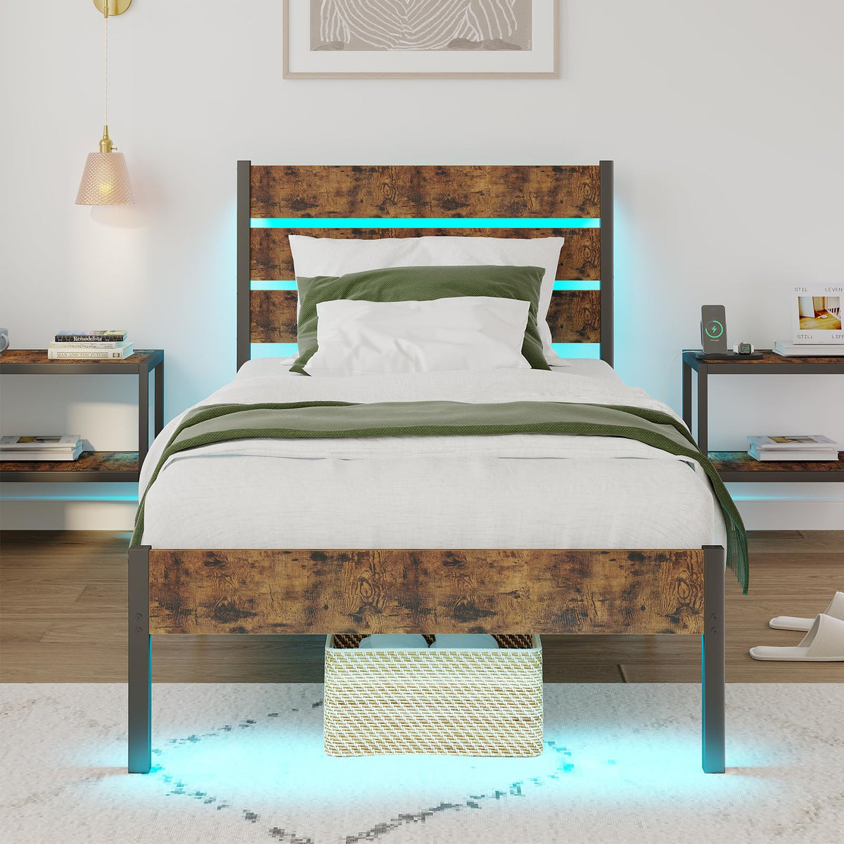 Twin Size Bed Frame with LED Light & Charging Station H213