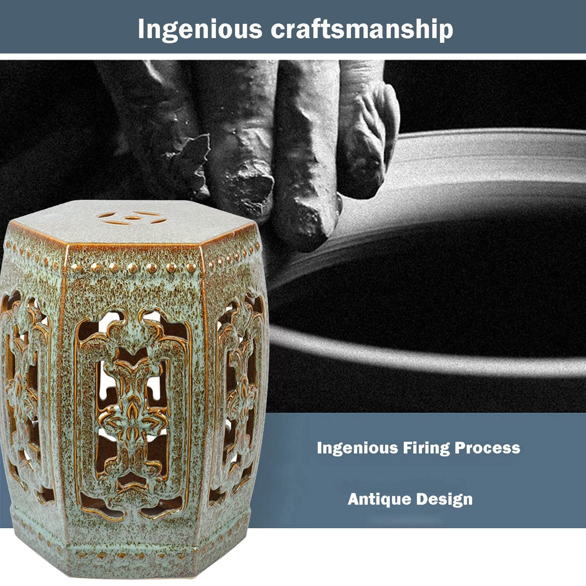 Ceramic Garden Stool Hexagonal Hollow Porcelain Drum Stool X98132