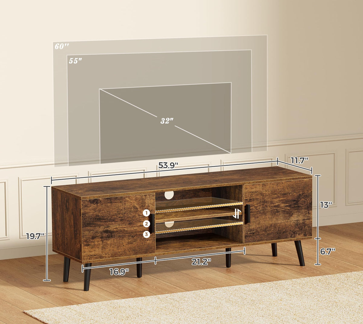 55 Inch TV Stand with Adjustable Shelf and 2 Cabinets W164752