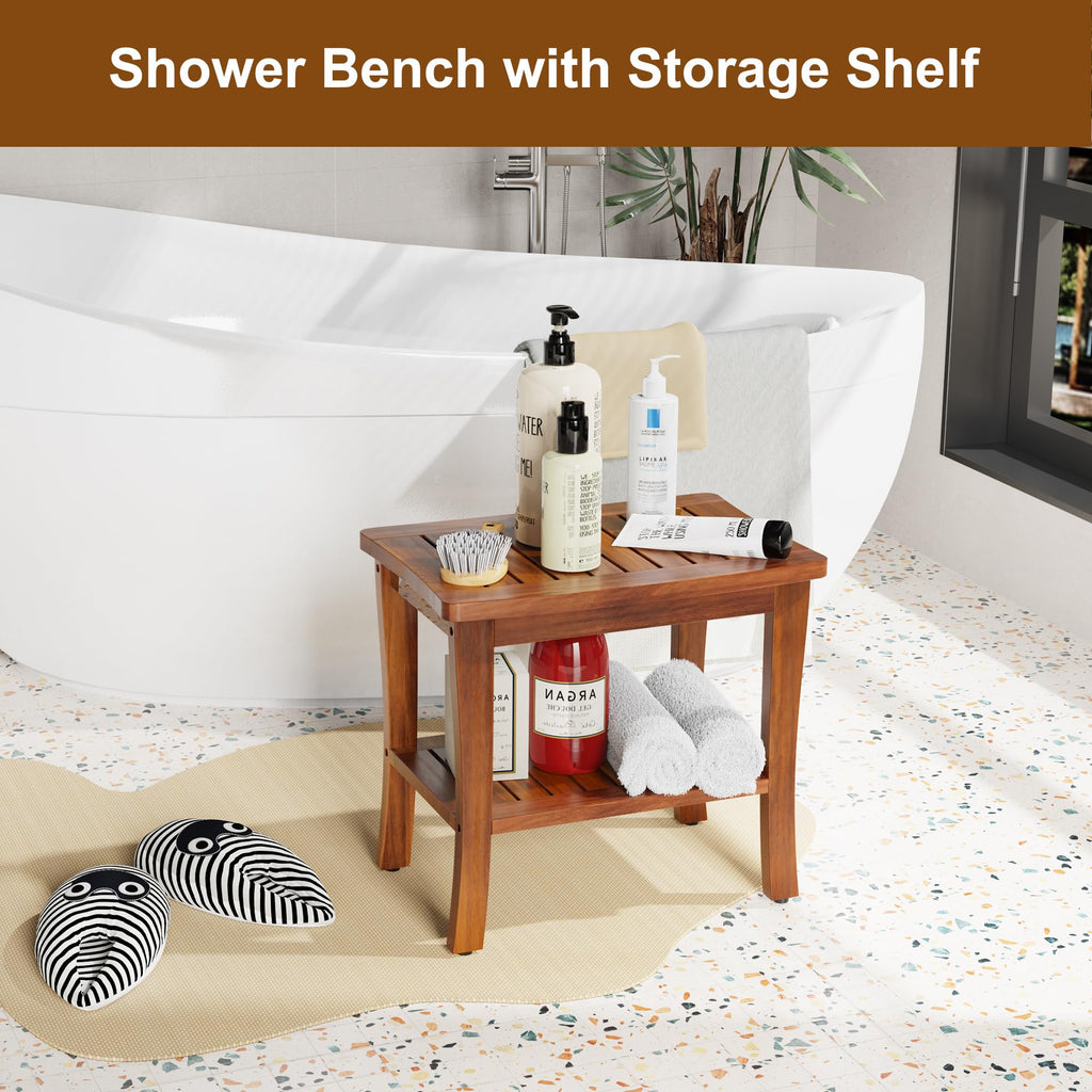 Teak Wood Shower Bench Stool with Storage Shelf O366666