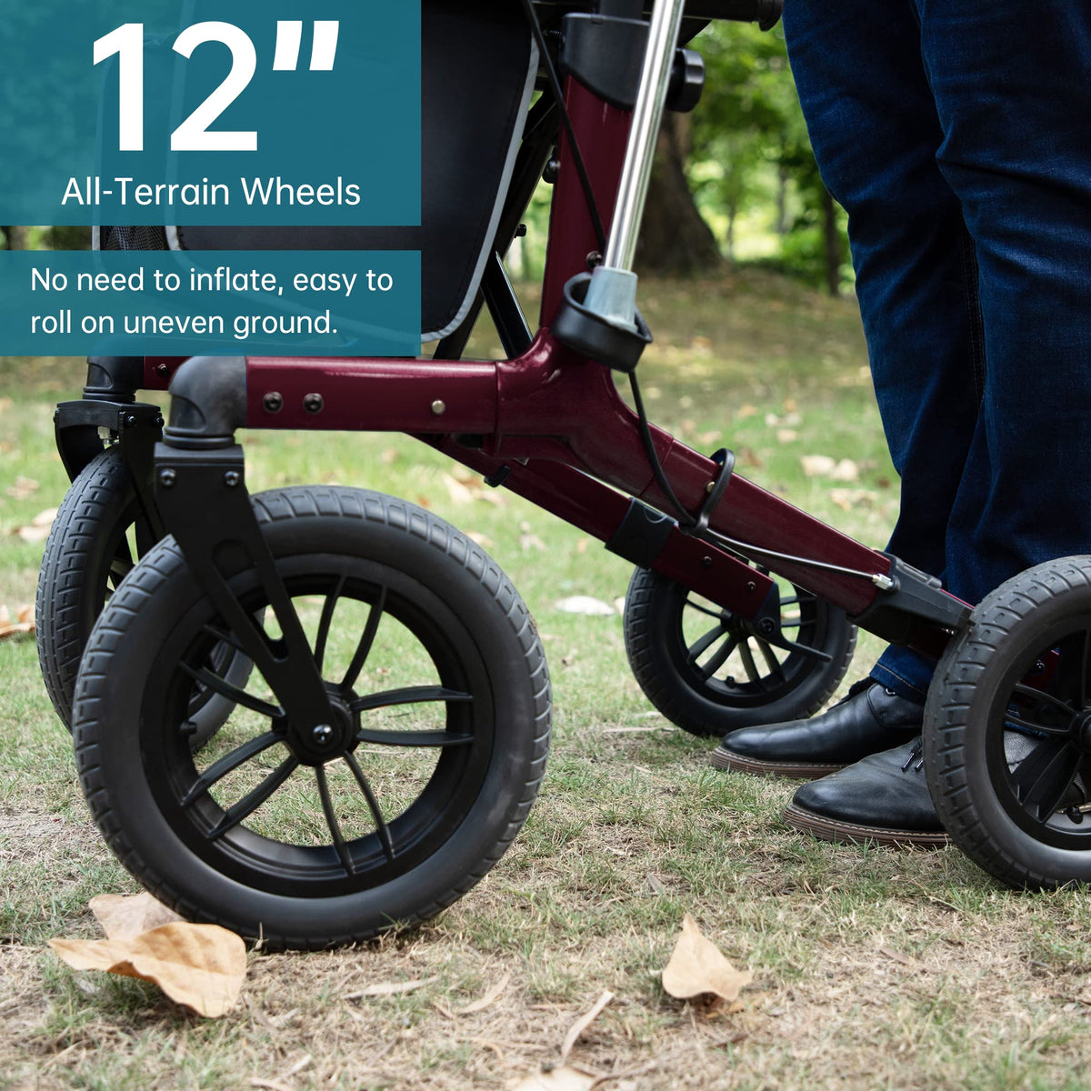 All-Terrain Rollator Walker with 12” Front Wheels, Compact Folding, Red M290