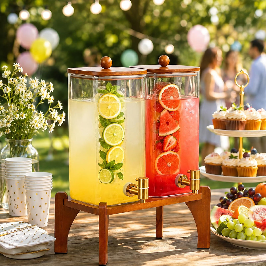 2 Pcs 1.5 Gallon Square Glass Drink Dispenser with Wooden Stand and Stainless Steel Spigot M383