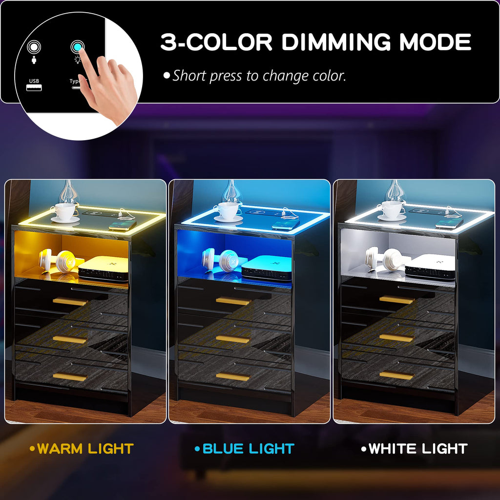 LED Nightstand with Wireless Charging Station, 3 Drawer Bedside Table M81673