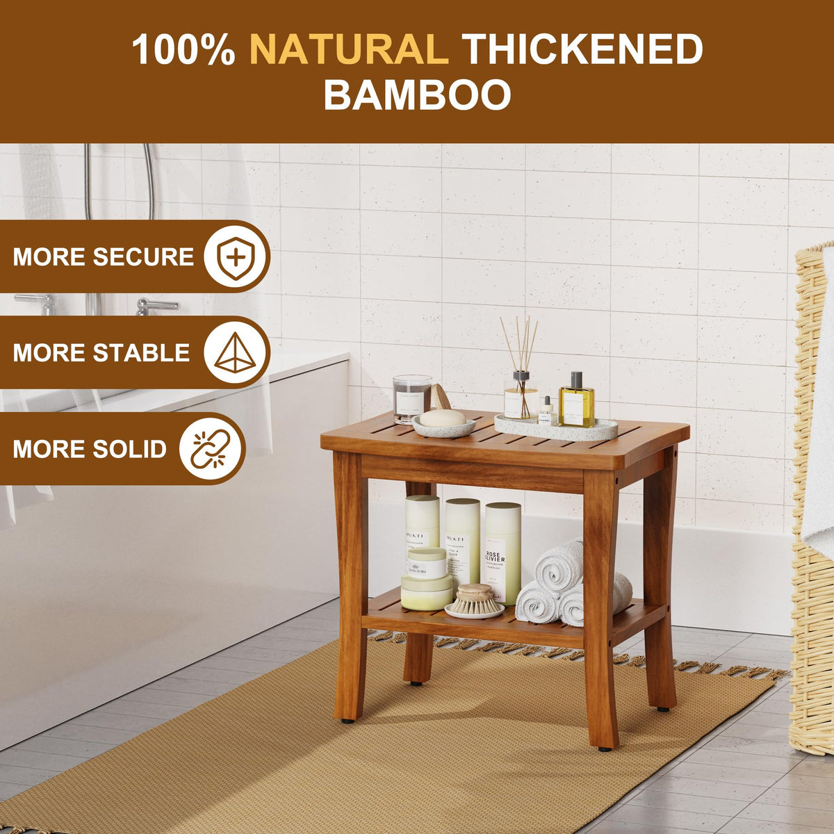 Teak Wood Shower Bench Stool with Storage Shelf O366666
