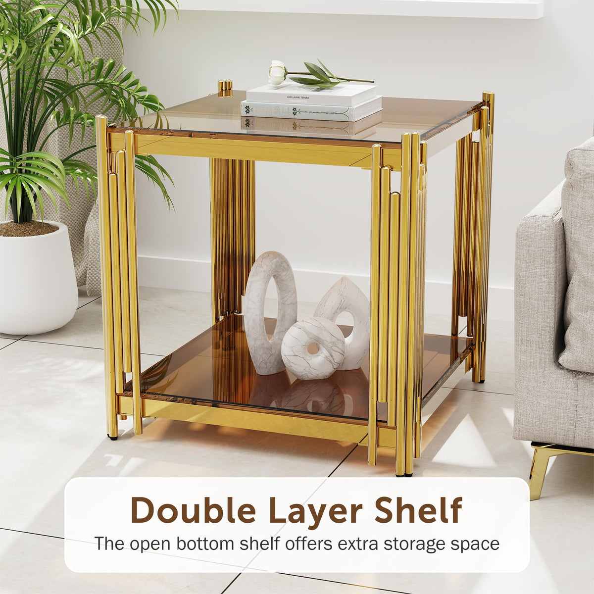 Gold Square Glass End Table, Set of 2 O2708